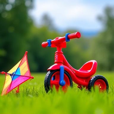 Imagina aventuras sin límites al aire libre. Un triciclo rojo y una cometa sobre un fondo de césped verde.
